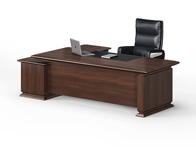 Elegant Dark Wooden Office Desk With Laptop And Black Leather Chair 3d model