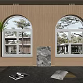 Arched Windows Interior Scene With Trees Buildings Indoor Plants Rug Pillows Magazines And Painting