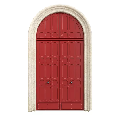 Red Swing Door With Symmetrical Panels And Light Colored Frame Design 3d model
