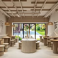 Modern Restaurant Interior With Pendant Lights Wooden Tables Menu Screens And White Counter