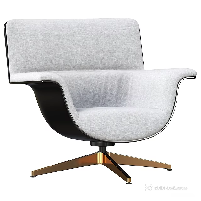 Modern Accent Chair With Light Gray Fabric Black Frame And Gold Swivel Base 3d model 