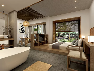 Hotel Room Featuring Cozy Bed Bathtub Wooden Furniture And Serene Natural View 3d model