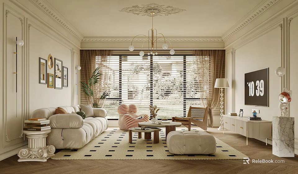 Elegant Modern Living Room Interior With Beige Sofa Geometric Rug Chandelier And Framed Artworks 3d model 