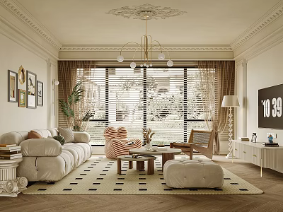 Elegant Modern Living Room Interior With Beige Sofa Geometric Rug Chandelier And Framed Artworks 3d model