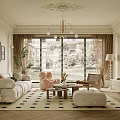 Elegant Modern Living Room Interior With Beige Sofa Geometric Rug Chandelier And Framed Artworks