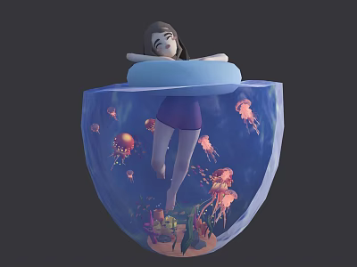 Cute Cartoon Scene of Girl Resting in Blue Bowl with Jellyfish and Colorful Corals 3d model