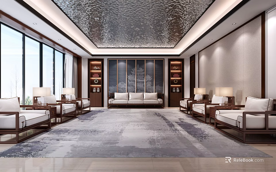 Hotel Public Lounge Interior With Large Windows Comfortable Sofa And Elegant Ceiling Design 3d model