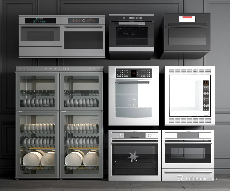 Modern Built In Kitchen Appliances With Glass Door Cabinets And Stainless Steel Design 3d model 