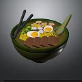 Delicious Ramen Bowl With Sliced Meat Soft Boiled Eggs Green Onions Chopsticks And Spoon