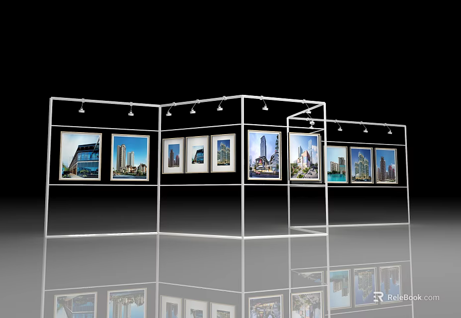Modern Gallery Display Stand With Multiple Framed Artworks And Reflective Floor 3d model 