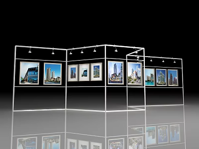 Modern Gallery Display Stand With Multiple Framed Artworks And Reflective Floor 3d model