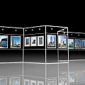 Modern Gallery Display Stand With Multiple Framed Artworks And Reflective Floor 3d model