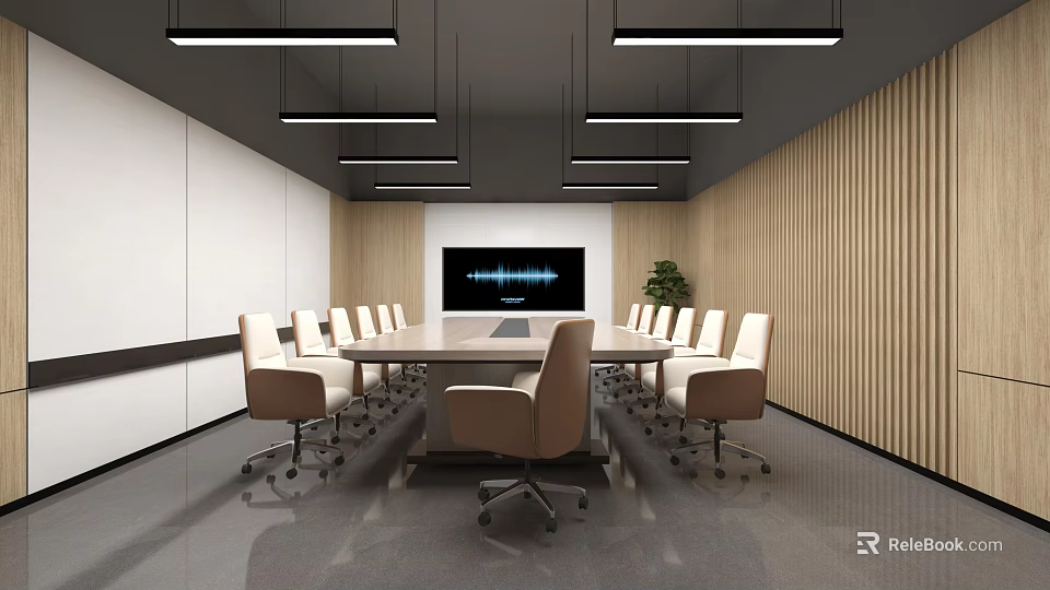 Modern Conference Room Interior With Long Table Beige Chairs Hanging Lights And Large Screen 3d model 