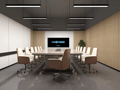 Modern Conference Room Interior With Long Table Beige Chairs Hanging Lights And Large Screen 3d model