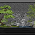Indoor Landscape With Rockery Waterfall Pine Tree Bamboo Green Plants Gray Wall And Wooden Floor