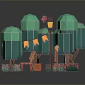 Vibrant Garden Scene With Green Trees Bench Lanterns Bunting Flags And Flower Beds