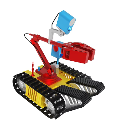 Toy Robot with Tracked Chassis Red Robotic Arm Blue Head and Yellow Base 3d model