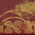 2021 New Year Decoration Display With Red Background Golden Tree Lanterns And Fu Symbol