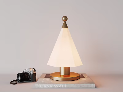 Gold Base Table Lamp With White Conical Shade And Vintage Camera On Wooden Board 3d model