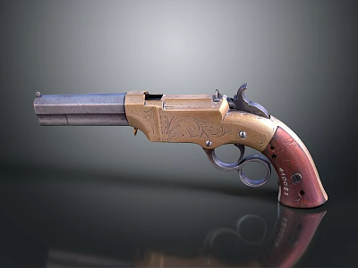 Vintage Revolver Sculpture With Intricate Carvings Brass Body And Wooden Grip 3d model