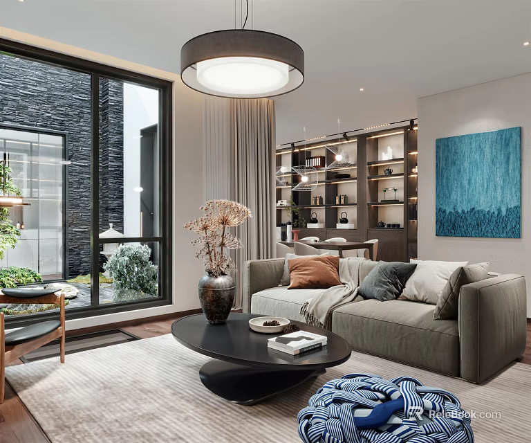 Modern Living Dining Room Interior Design With Sofa Coffee Table Bookshelf Window And Painting 3d model 