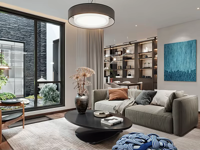 Modern Living Dining Room Interior Design With Sofa Coffee Table Bookshelf Window And Painting 3d model