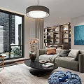 Modern Living Dining Room Interior Design With Sofa Coffee Table Bookshelf Window And Painting