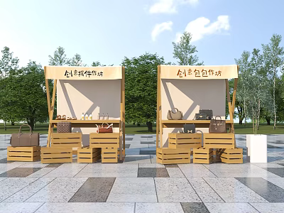 Wooden Commercial Outdoor Display Equipment With Canopy And Retail Stalls 3d model