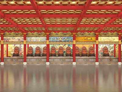 Traditional Buddhist Temple Interior With Red Pillars Golden Ceiling Painted Walls And Buddha Statues 3d model
