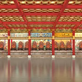 Traditional Buddhist Temple Interior With Red Pillars Golden Ceiling Painted Walls And Buddha Statues