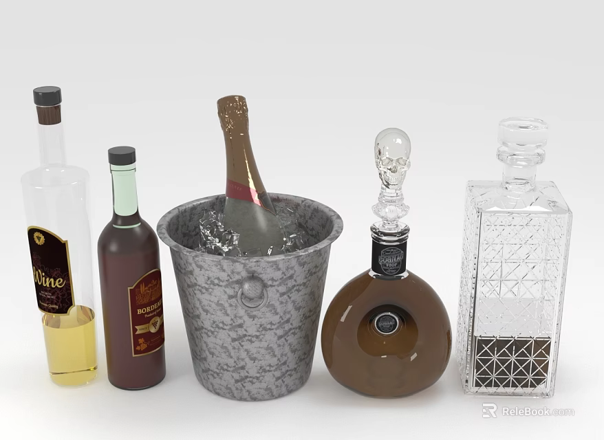 Assorted Wine Bottles Featuring Champagne In Metal Ice Bucket And Decorative Glass Bottles 3d model 