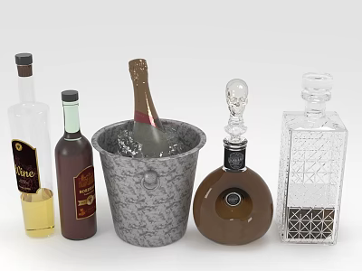 Assorted Wine Bottles Featuring Champagne In Metal Ice Bucket And Decorative Glass Bottles 3d model