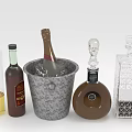 Assorted Wine Bottles Featuring Champagne In Metal Ice Bucket And Decorative Glass Bottles