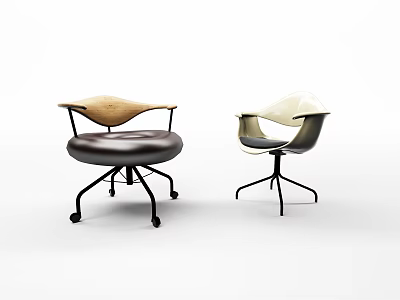 Modern Leisure Chairs With Brown Leather Seats Wooden Backrests And Black Metal Legs With Wheels 3d model