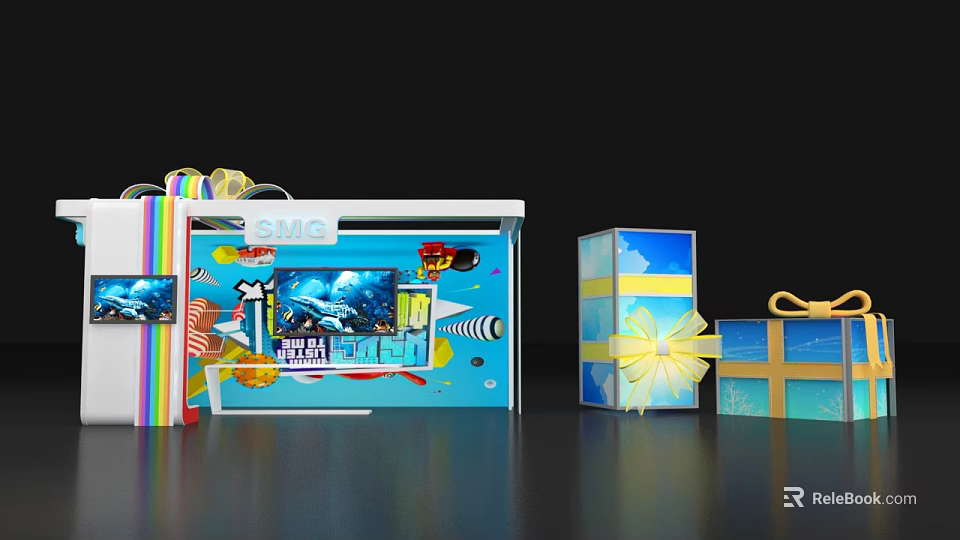 Interactive Blue Commercial Equipment Featuring Screen SMC Logo Marine Life Patterns And Gift Boxes 3d model