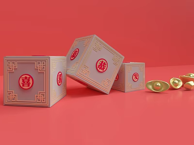 Traditional Chinese Gift Boxes With Xi Fu Characters And Gold Ingots On Red Background 3d model
