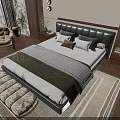 Modern Double Bed With Leather Headboard Green Blanket Pillows Wooden Nightstands And Bench