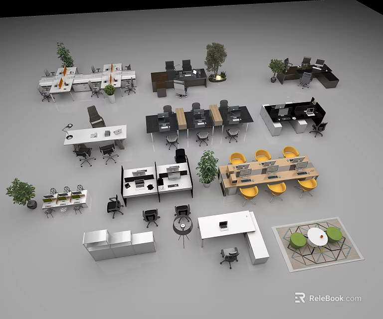 Various Office Chair Styles With Matching Desks And Furniture In Modern Office Setup 3d model 