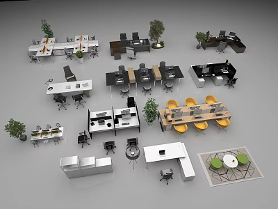 Various Office Chair Styles With Matching Desks And Furniture In Modern Office Setup 3d model