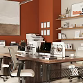Modern Office Interior With Wooden Desk Computer Monitors Ergonomic Chairs Wall Art And Decorative Shelves