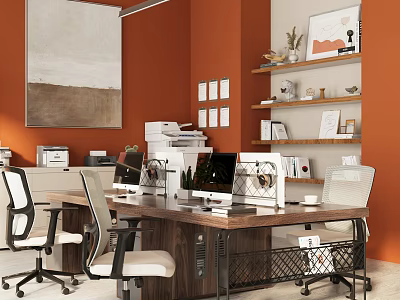 Modern Office Interior With Wooden Desk Computer Monitors Ergonomic Chairs Wall Art And Decorative Shelves 3d model