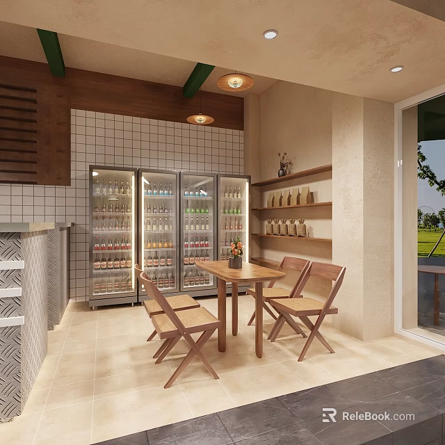 Cozy Café Interior With Refrigerated Display Cases Wooden Tables Chairs And Shelves 3d model 
