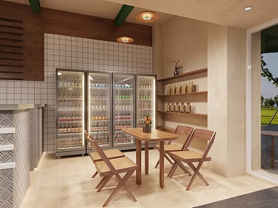 Cozy Café Interior With Refrigerated Display Cases Wooden Tables Chairs And Shelves 3d model