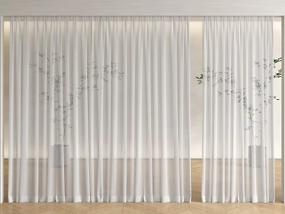 Sheer White Curtains With Green Plant Patterns For Modern Interior Wooden Floor 3d model