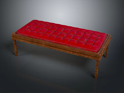 Stylish Wooden Bench With Red Tufted Padded Cushion And Ornate Carved Legs Design 3d model