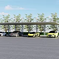 Covered Parking Lot With Parked Cars And Green Trees Under Blue Sky