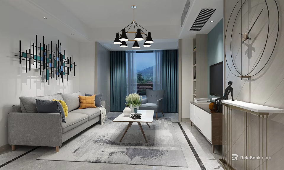 Modern Living Room Interior With Grey Sofa Colorful Pillows Coffee Table And Mountain View 3d model 
