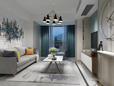 Modern Living Room Interior With Grey Sofa Colorful Pillows Coffee Table And Mountain View 3d model