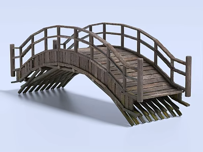 Traditional Wooden Arch Bridge With Railings And Wooden Planks On Light Blue Background 3d model