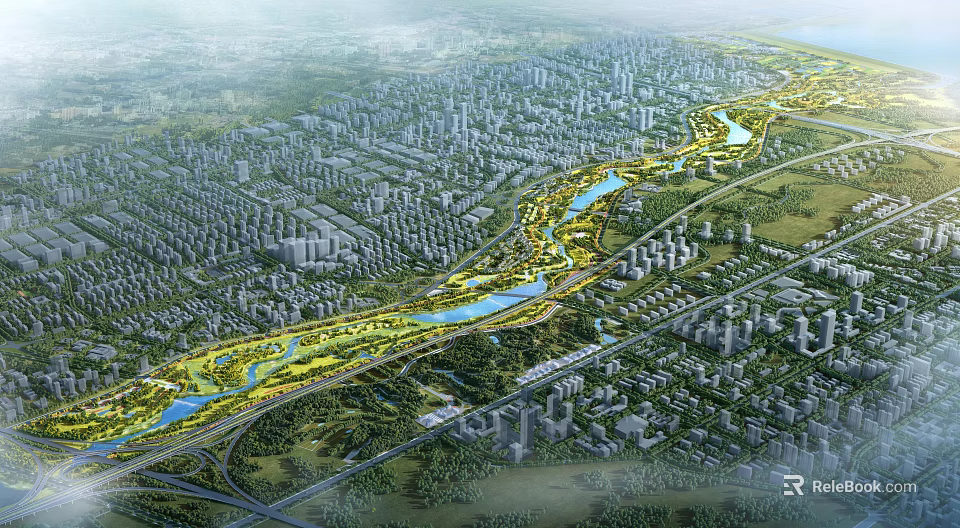 Breathtaking Aerial Scenery Of Urban Riverfront Green Belt Surrounded By Extensive Dense Modern City Buildings 3d model 